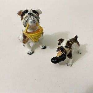Vtg Lot of 2 Bulldog Figurines Porcelain Holding Slipper and Basket in Mouth